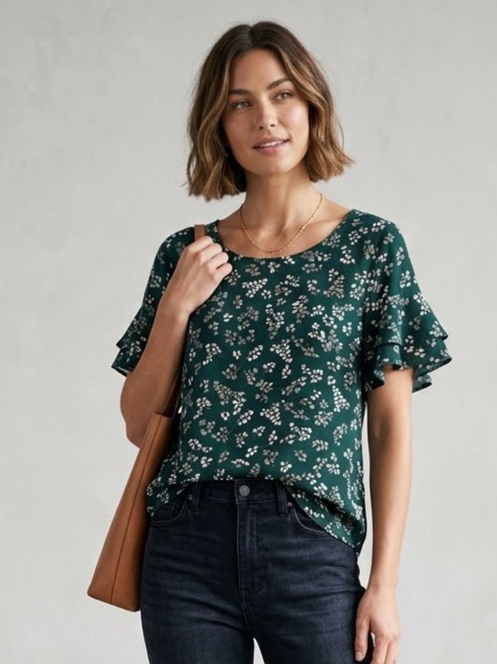 41 Hawthorn Dark Green Eliza Floral Ruffle Sleeve Scoop Neck Blouse, Size Medium